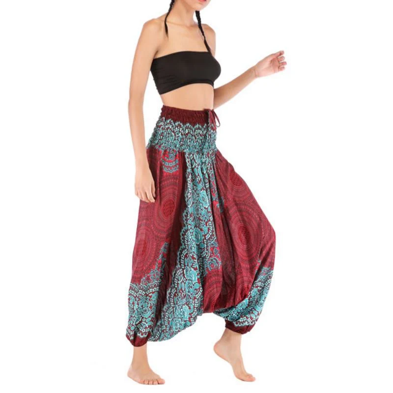 Olivenorma Damen-Yogahose im Bohemian-Stil mit lockerem Schritt und tiefem Schritt