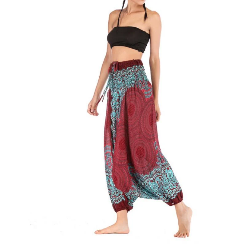 Olivenorma Damen-Yogahose im Bohemian-Stil mit lockerem Schritt und tiefem Schritt