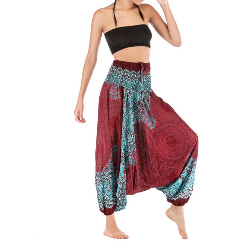 Olivenorma Damen-Yogahose im Bohemian-Stil mit lockerem Schritt und tiefem Schritt