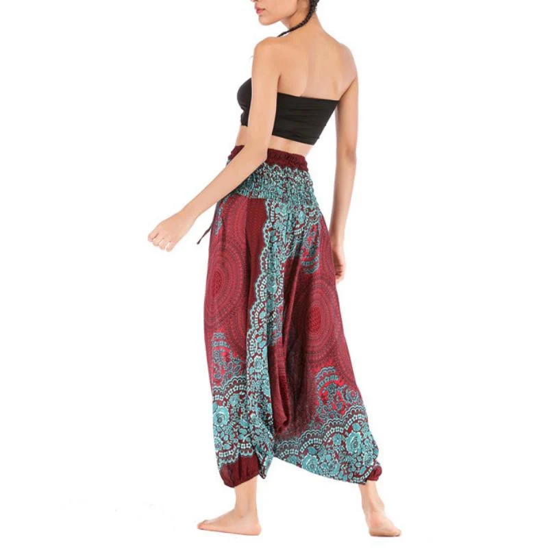 Olivenorma Damen-Yogahose im Bohemian-Stil mit lockerem Schritt und tiefem Schritt