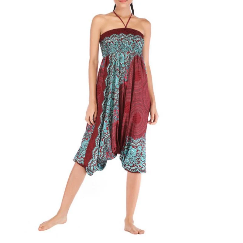 Olivenorma Damen-Yogahose im Bohemian-Stil mit lockerem Schritt und tiefem Schritt