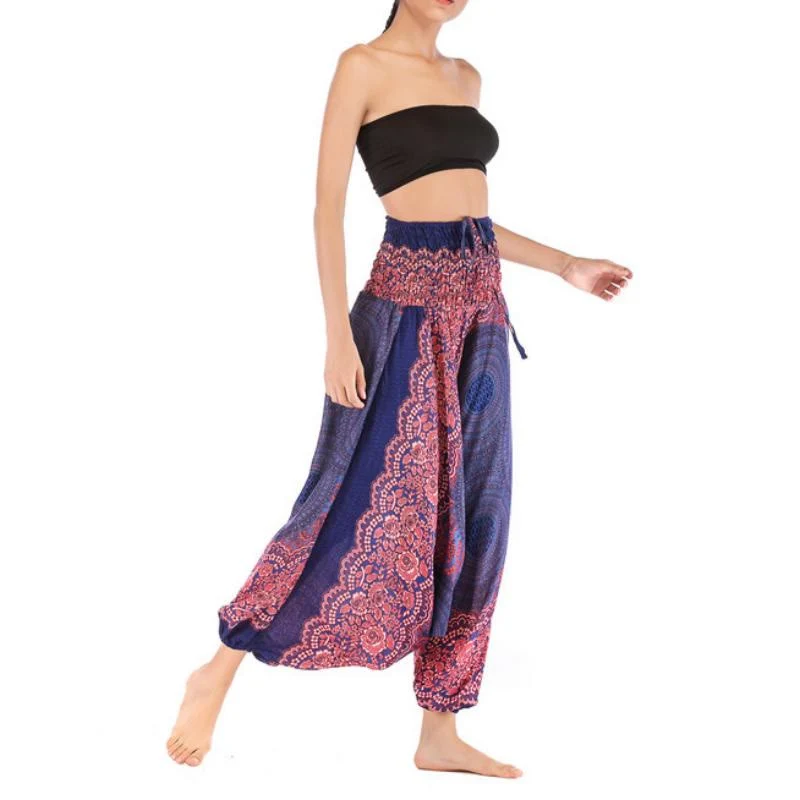 Olivenorma Damen-Yogahose im Bohemian-Stil mit lockerem Schritt und tiefem Schritt
