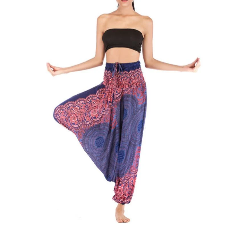 Olivenorma Damen-Yogahose im Bohemian-Stil mit lockerem Schritt und tiefem Schritt