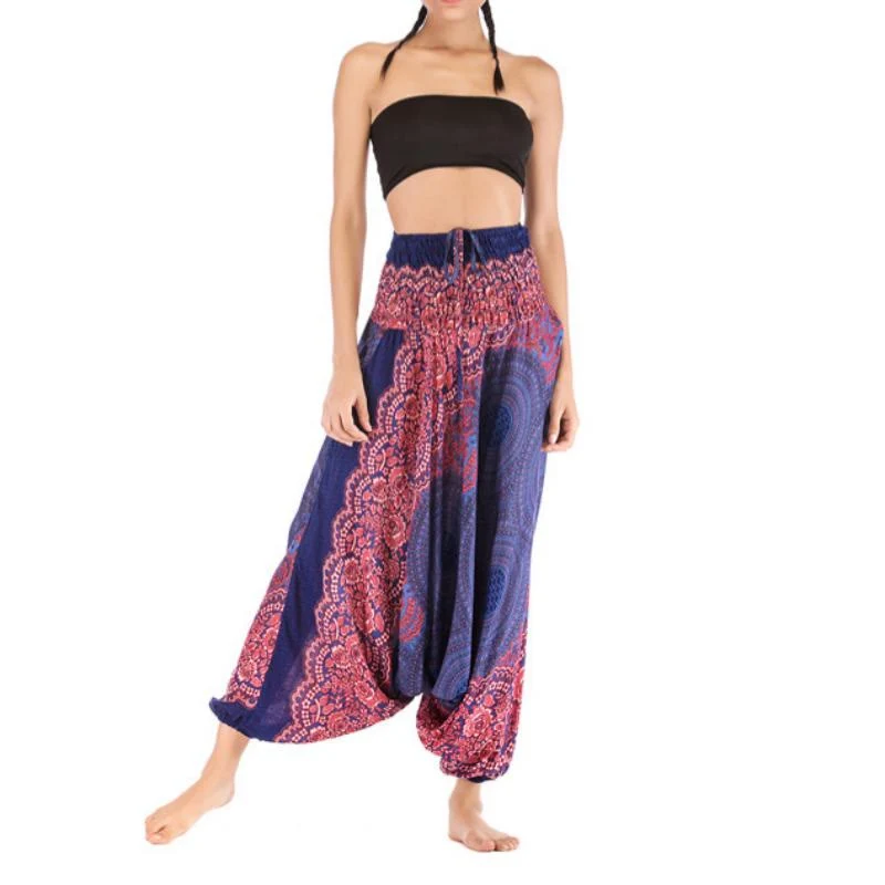 Olivenorma Damen-Yogahose im Bohemian-Stil mit lockerem Schritt und tiefem Schritt
