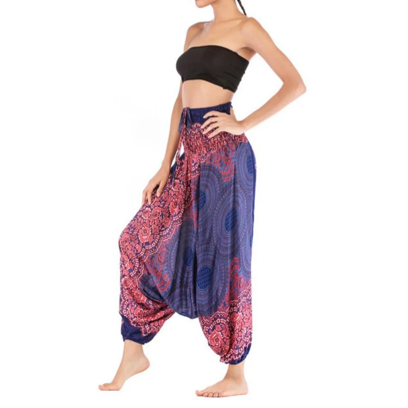 Olivenorma Damen-Yogahose im Bohemian-Stil mit lockerem Schritt und tiefem Schritt
