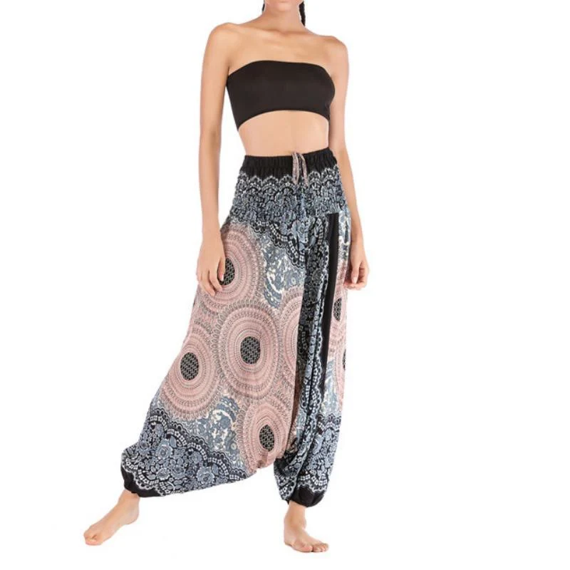 Olivenorma Damen-Yogahose im Bohemian-Stil mit lockerem Schritt und tiefem Schritt