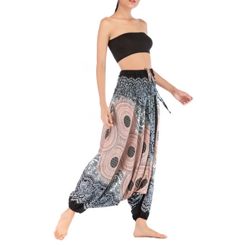 Olivenorma Damen-Yogahose im Bohemian-Stil mit lockerem Schritt und tiefem Schritt