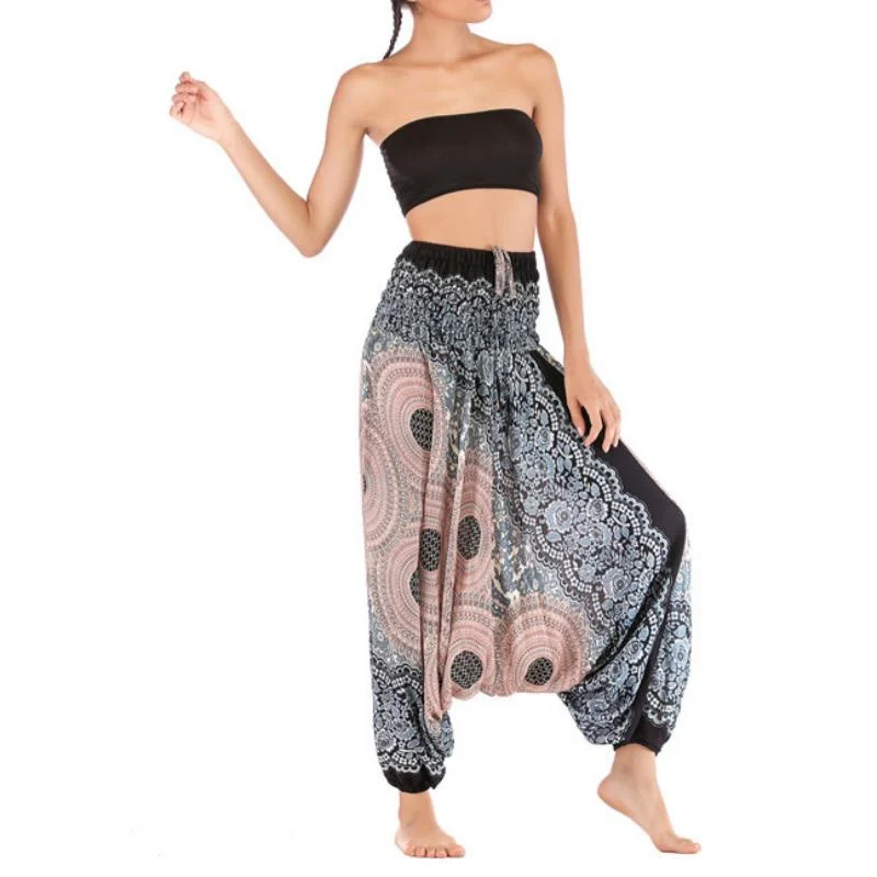 Olivenorma Damen-Yogahose im Bohemian-Stil mit lockerem Schritt und tiefem Schritt