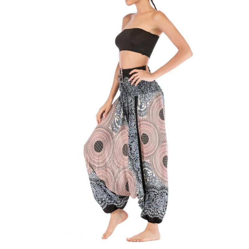 Olivenorma Damen-Yogahose im Bohemian-Stil mit lockerem Schritt und tiefem Schritt