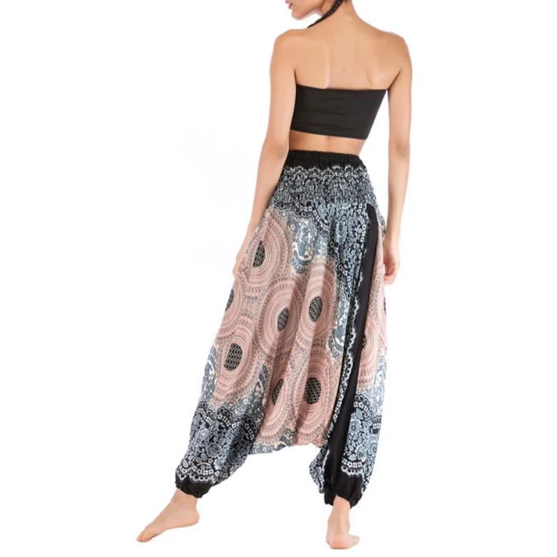 Olivenorma Damen-Yogahose im Bohemian-Stil mit lockerem Schritt und tiefem Schritt