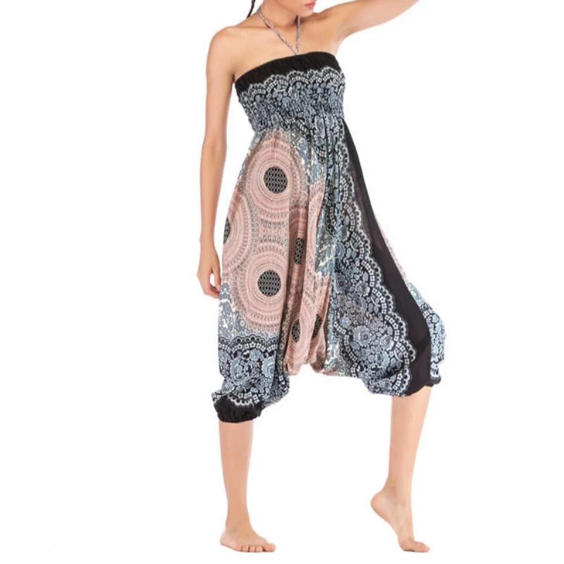 Olivenorma Damen-Yogahose im Bohemian-Stil mit lockerem Schritt und tiefem Schritt