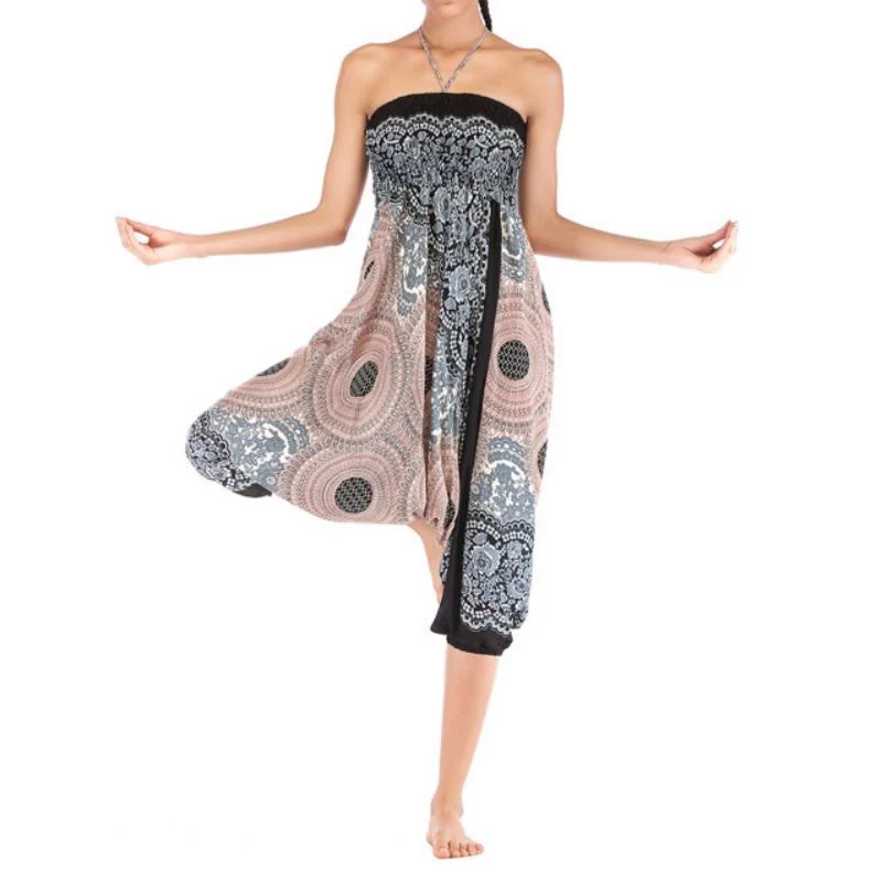 Olivenorma Damen-Yogahose im Bohemian-Stil mit lockerem Schritt und tiefem Schritt