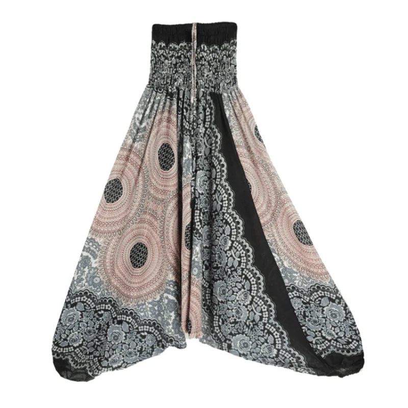 Olivenorma Damen-Yogahose im Bohemian-Stil mit lockerem Schritt und tiefem Schritt