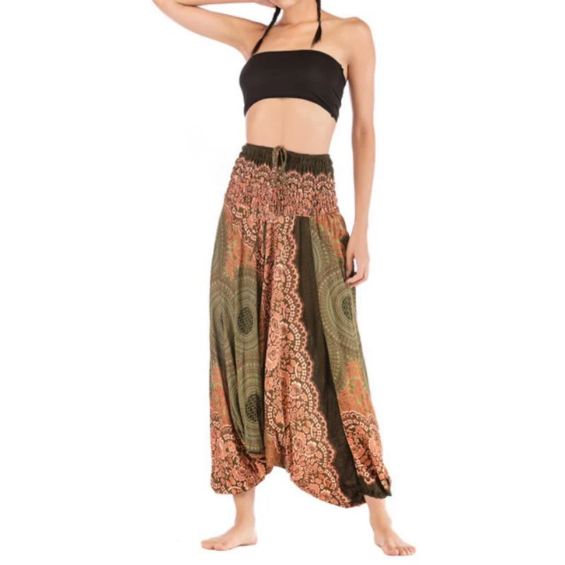 Olivenorma Damen-Yogahose im Bohemian-Stil mit lockerem Schritt und tiefem Schritt