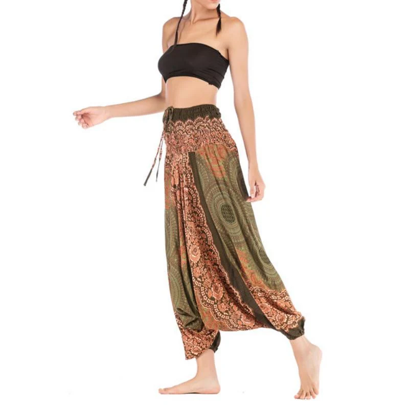 Olivenorma Damen-Yogahose im Bohemian-Stil mit lockerem Schritt und tiefem Schritt