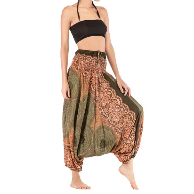 Olivenorma Damen-Yogahose im Bohemian-Stil mit lockerem Schritt und tiefem Schritt