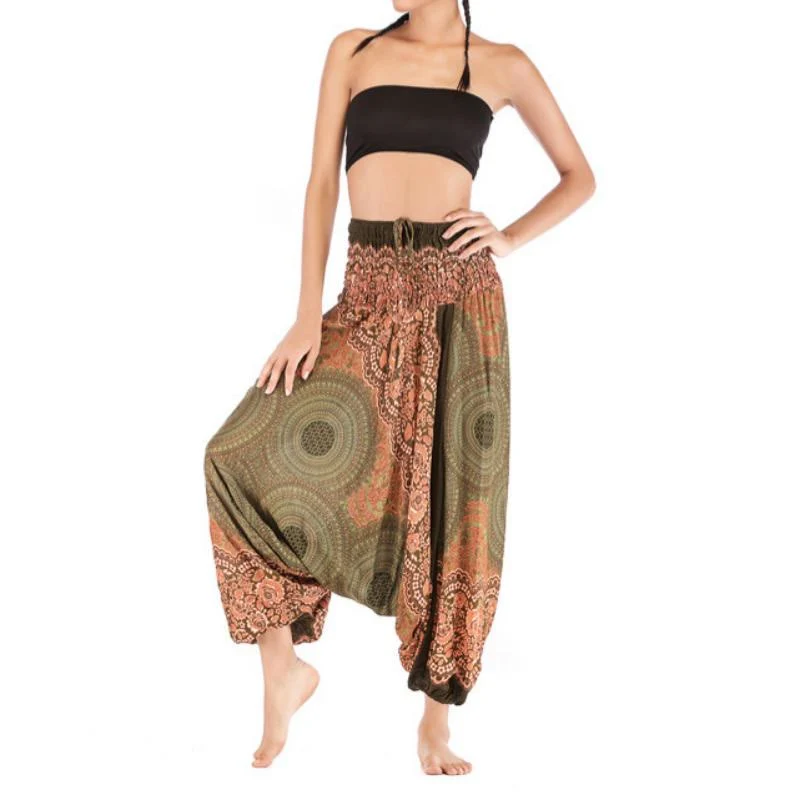 Olivenorma Damen-Yogahose im Bohemian-Stil mit lockerem Schritt und tiefem Schritt