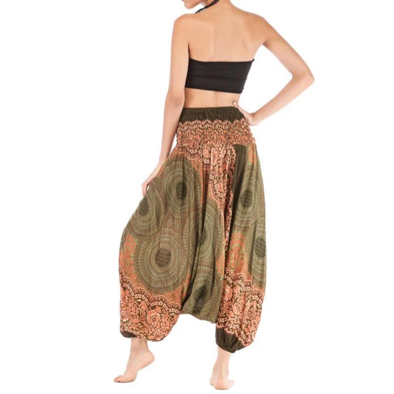 Olivenorma Damen-Yogahose im Bohemian-Stil mit lockerem Schritt und tiefem Schritt