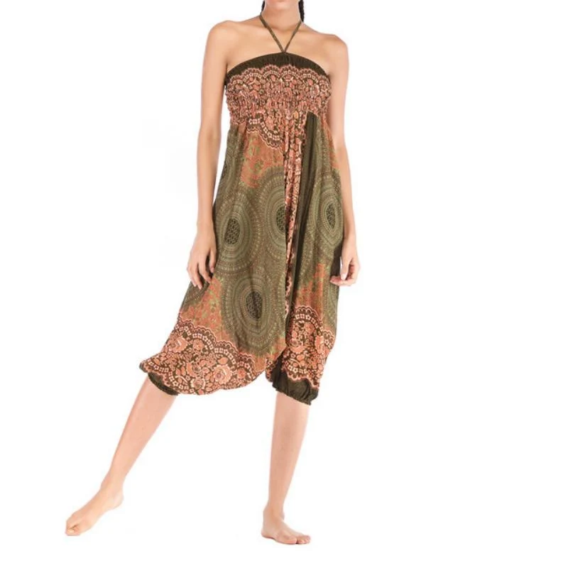 Olivenorma Damen-Yogahose im Bohemian-Stil mit lockerem Schritt und tiefem Schritt