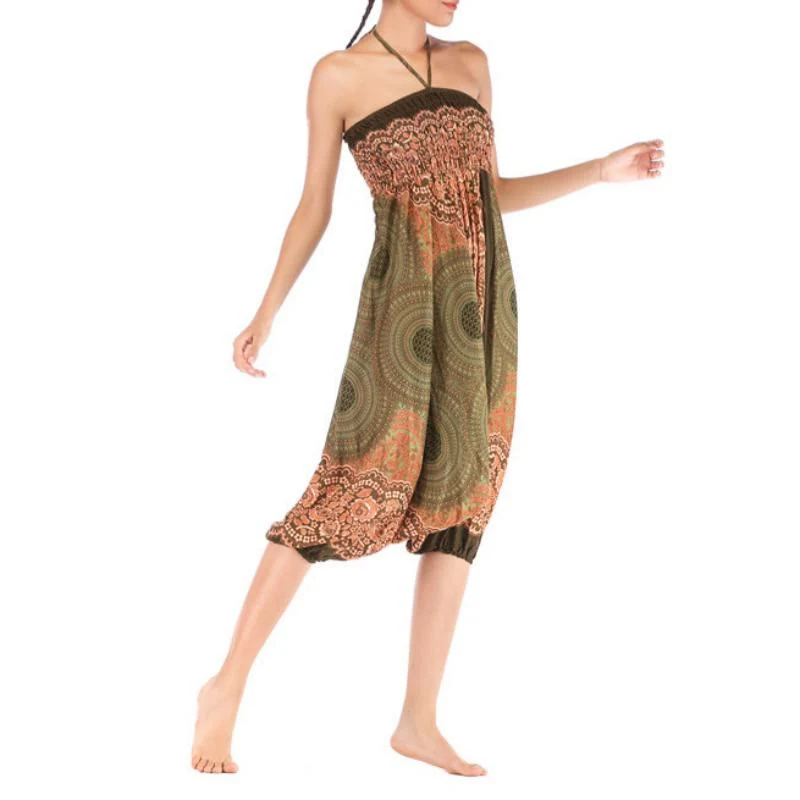 Olivenorma Damen-Yogahose im Bohemian-Stil mit lockerem Schritt und tiefem Schritt