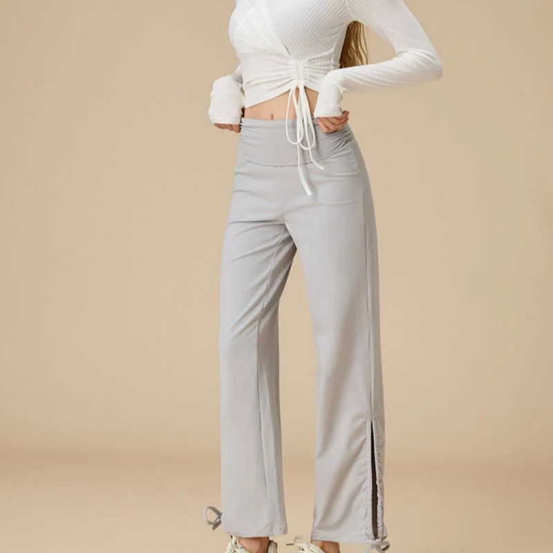 Olivenorma Damen-Hose mit hohem Bund, Kordelzug und weitem Bein, luftig-leicht.