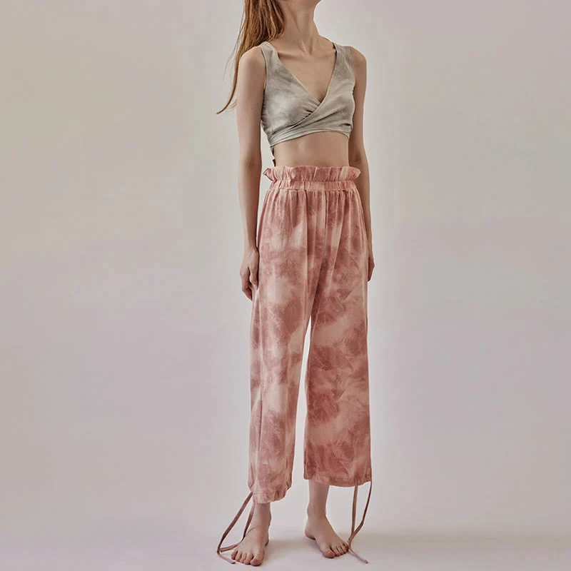 Olivenorma Damen Yogahose mit Tintenmuster, geradem Bund und Bindebändern
