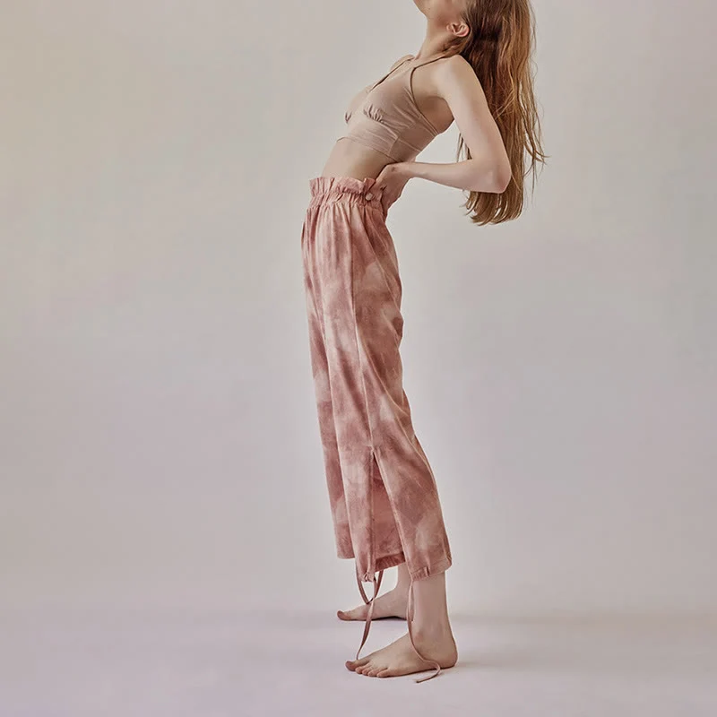 Olivenorma Damen Yogahose mit Tintenmuster, geradem Bund und Bindebändern
