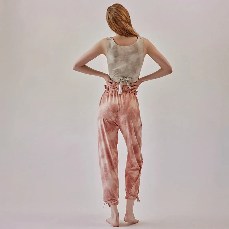 Olivenorma Damen Yogahose mit Tintenmuster, geradem Bund und Bindebändern