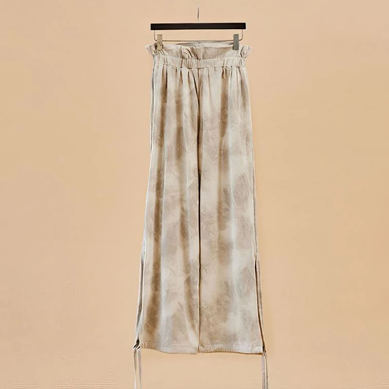 Olivenorma Damen Yogahose mit Tintenmuster, geradem Bund und Bindebändern