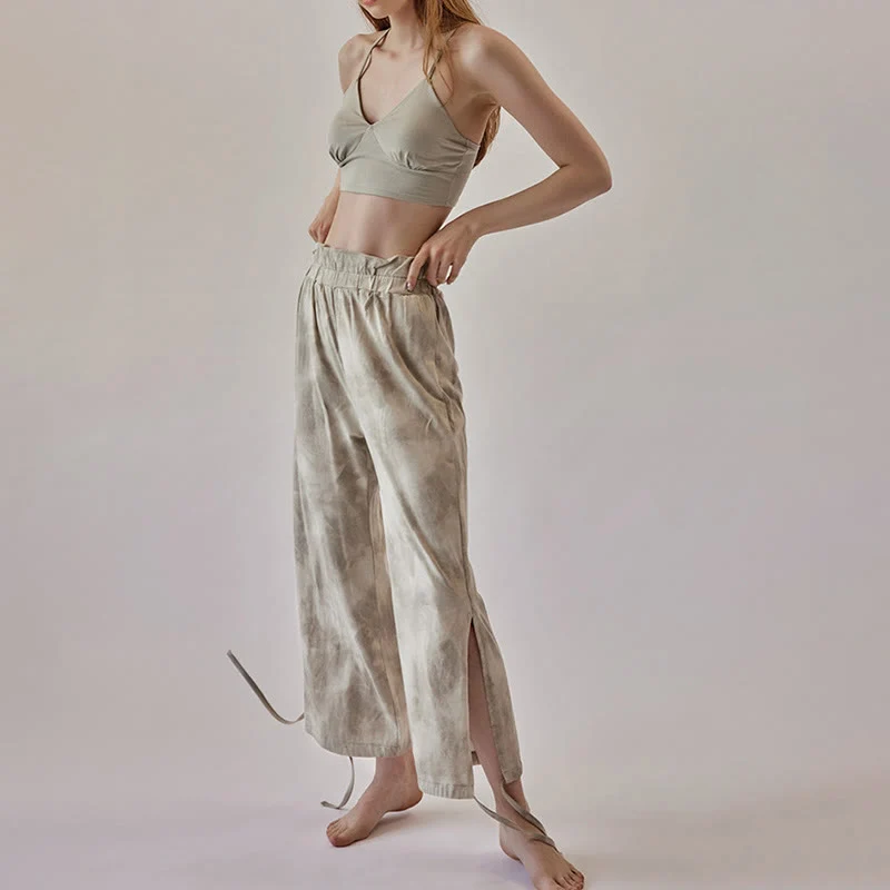 Olivenorma Damen Yogahose mit Tintenmuster, geradem Bund und Bindebändern