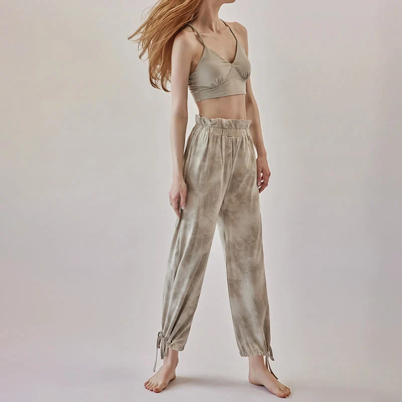 Olivenorma Damen Yogahose mit Tintenmuster, geradem Bund und Bindebändern