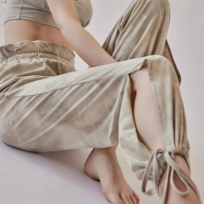 Olivenorma Damen Yogahose mit Tintenmuster, geradem Bund und Bindebändern