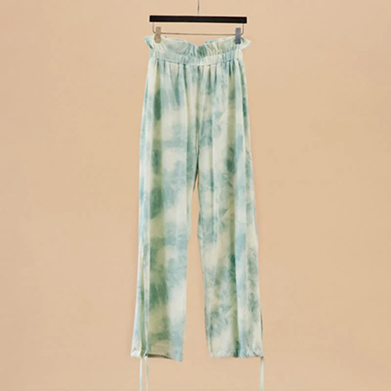 Olivenorma Damen Yogahose mit Tintenmuster, geradem Bund und Bindebändern