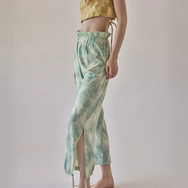 Olivenorma Damen Yogahose mit Tintenmuster, geradem Bund und Bindebändern