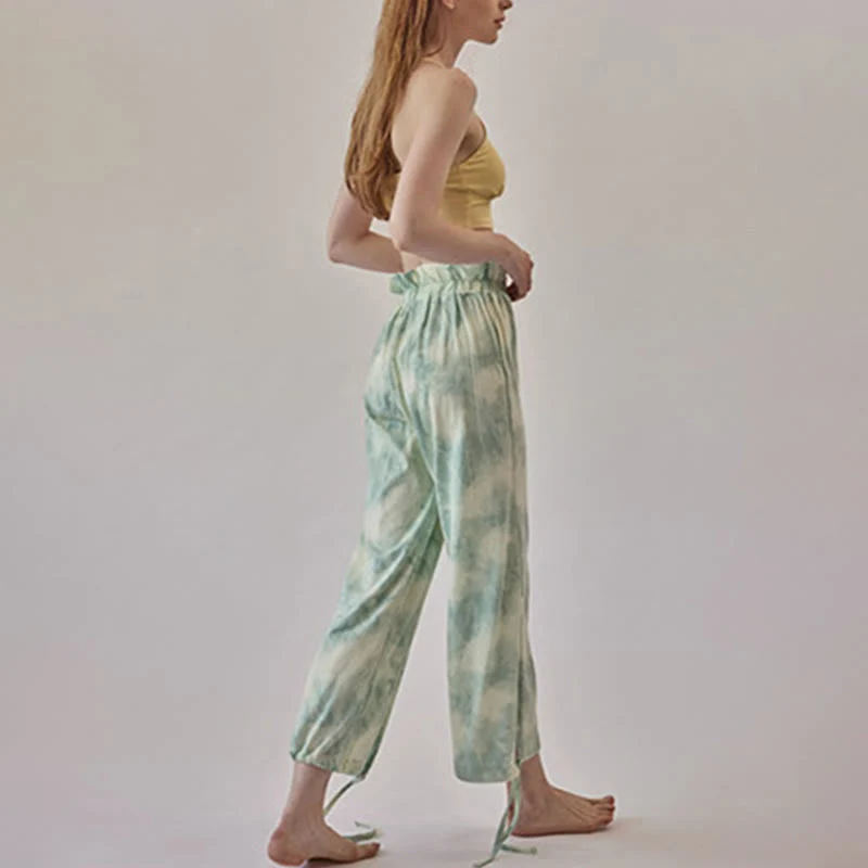 Olivenorma Damen Yogahose mit Tintenmuster, geradem Bund und Bindebändern