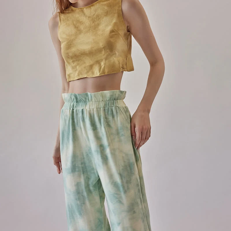 Olivenorma Damen Yogahose mit Tintenmuster, geradem Bund und Bindebändern