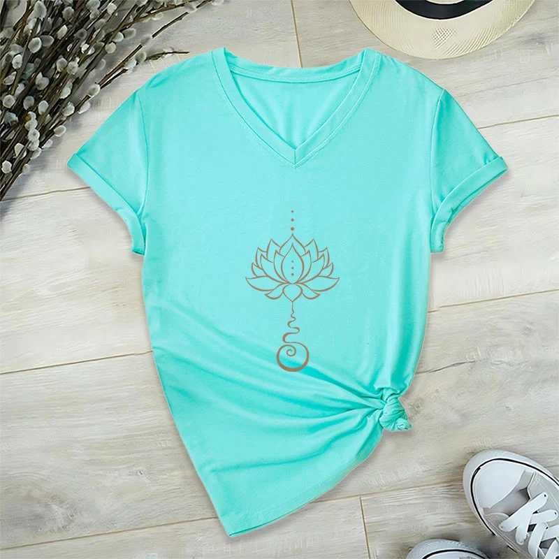 Olivenorma Unalome Lotus Yoga T-Shirt mit V-Ausschnitt