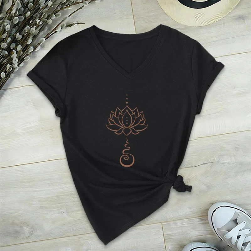 Olivenorma Unalome Lotus Yoga T-Shirt mit V-Ausschnitt