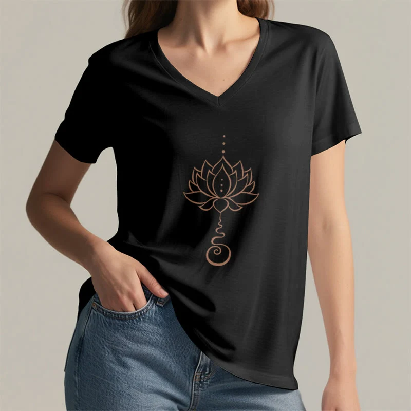 Olivenorma Unalome Lotus Yoga T-Shirt mit V-Ausschnitt