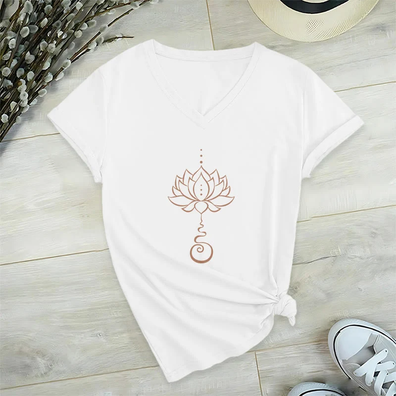 Olivenorma Unalome Lotus Yoga T-Shirt mit V-Ausschnitt