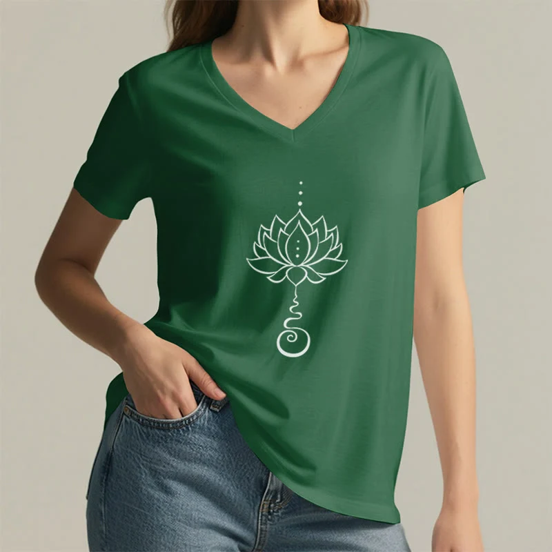 Olivenorma Unalome Lotus Yoga T-Shirt mit V-Ausschnitt
