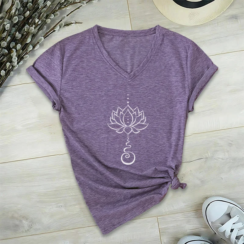 Olivenorma Unalome Lotus Yoga T-Shirt mit V-Ausschnitt