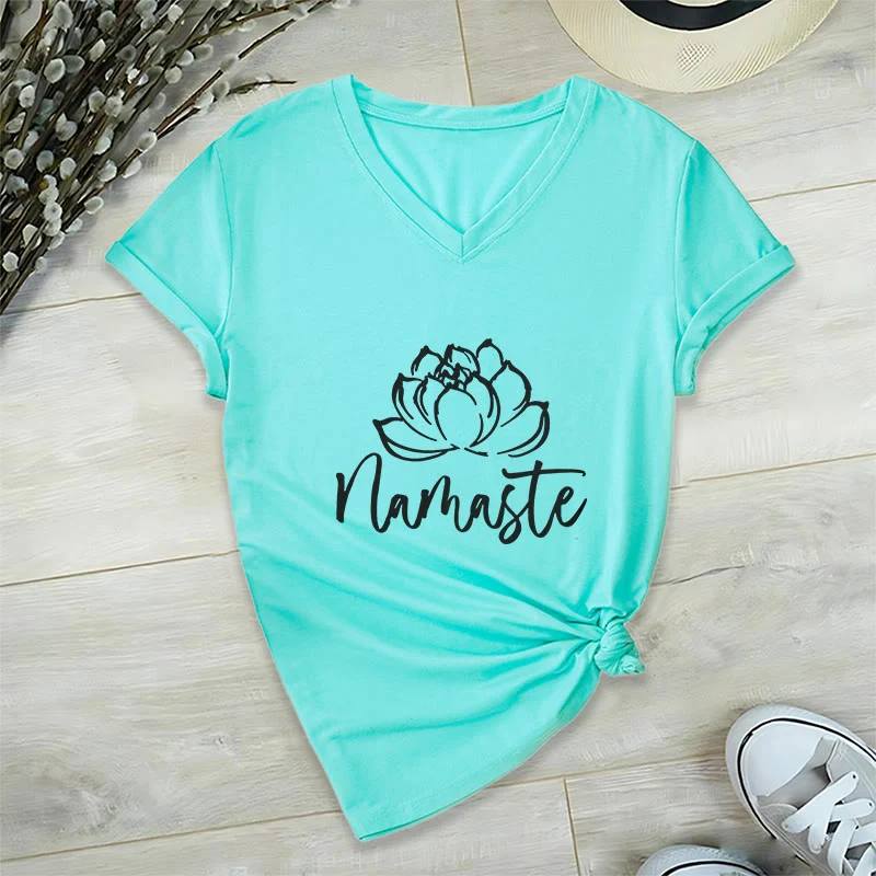Olivenorma Lotus Yoga Meditation Namaste T-Shirt mit V-Ausschnitt