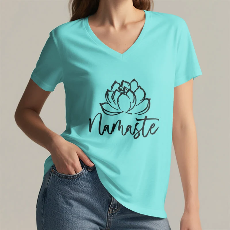Olivenorma Lotus Yoga Meditation Namaste T-Shirt mit V-Ausschnitt