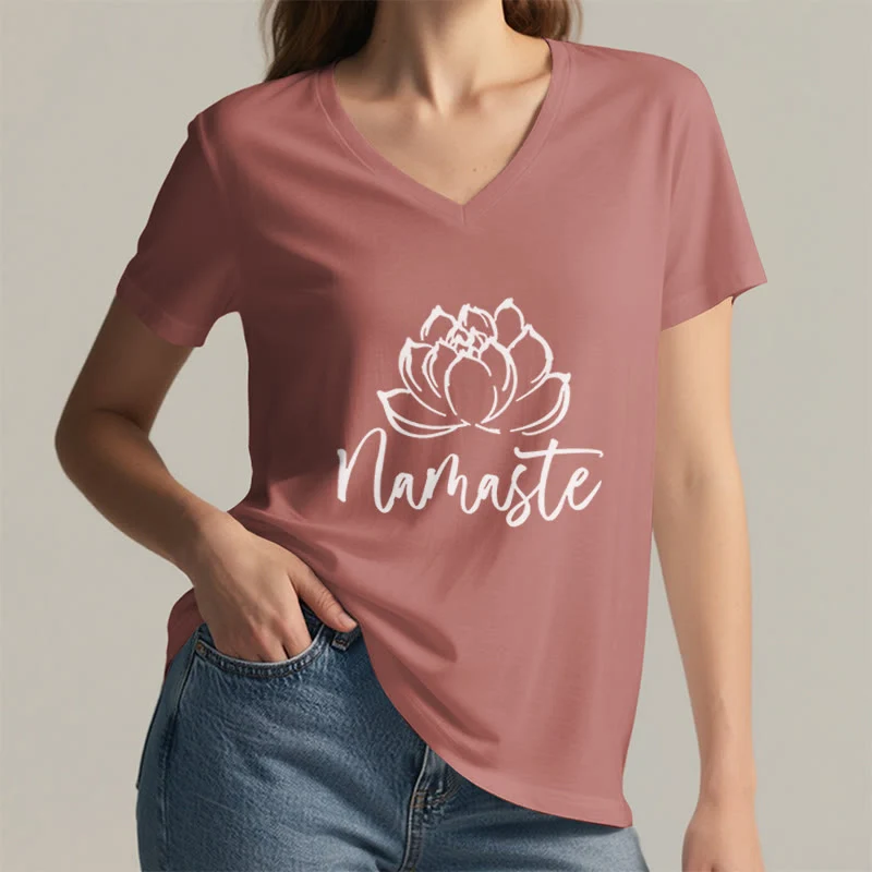 Olivenorma Lotus Yoga Meditation Namaste T-Shirt mit V-Ausschnitt