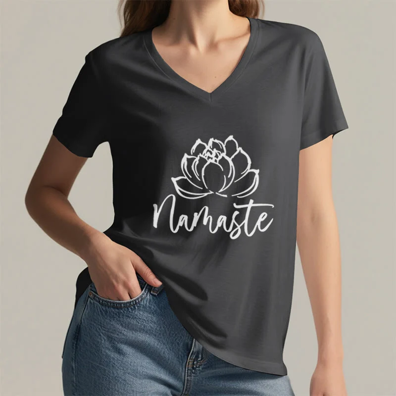Olivenorma Lotus Yoga Meditation Namaste T-Shirt mit V-Ausschnitt