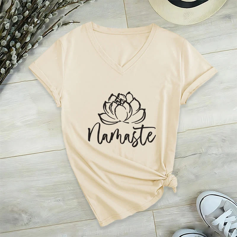Olivenorma Lotus Yoga Meditation Namaste T-Shirt mit V-Ausschnitt