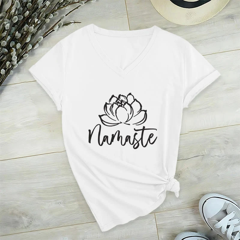 Olivenorma Lotus Yoga Meditation Namaste T-Shirt mit V-Ausschnitt