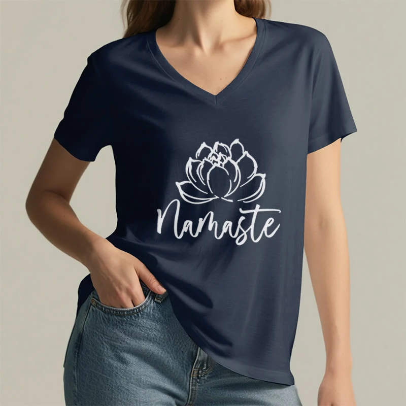 Olivenorma Lotus Yoga Meditation Namaste T-Shirt mit V-Ausschnitt