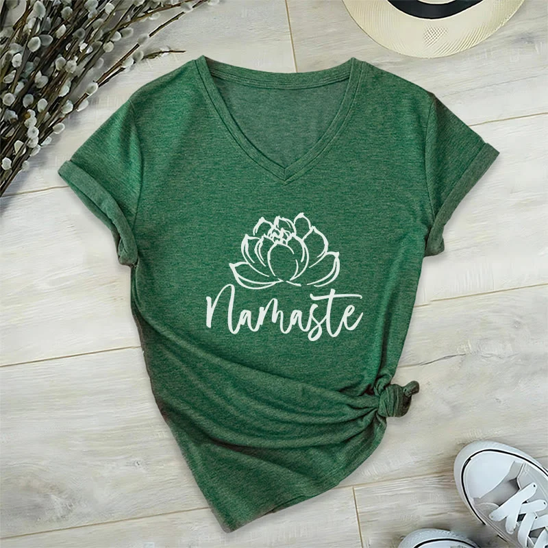 Olivenorma Lotus Yoga Meditation Namaste T-Shirt mit V-Ausschnitt